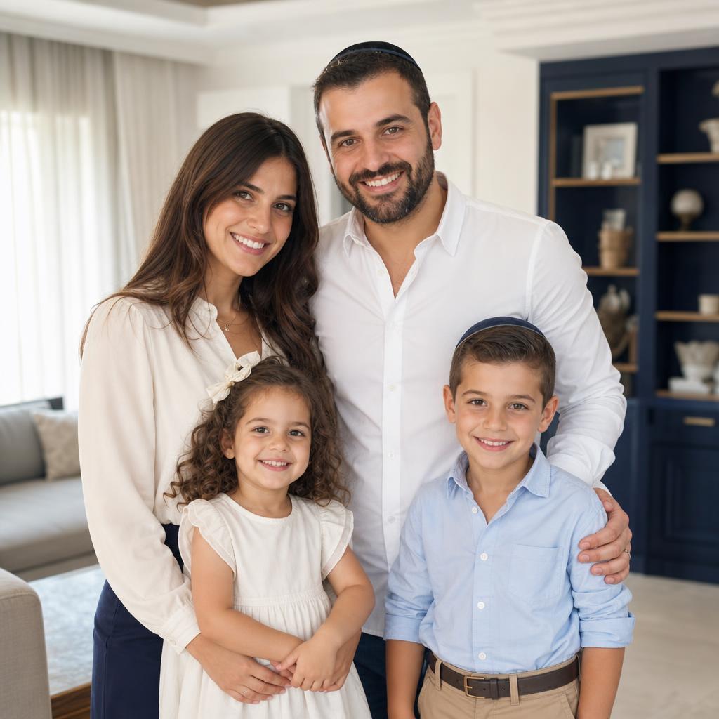 משפחה חייכת בבית מודרני ומואר — ביטחון ושקט כלכלי